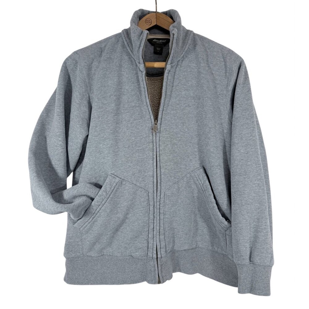 Eddie Bauer XL Gray Full-Zip Jacket Sherpa-Lined Cotton Blend Warm Soft Casual
